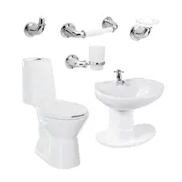 Combo Happy : Sanitario Happy Redondo Blanco De 2 Piezas + Lavamanos Happy Con Semi Pestal Happy + Grifería Balta Cruceta + Accesorios Cromados Happy 4 Piezas Corona