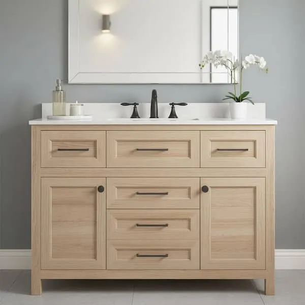Home Decorators Collection Hanna 48 in. Single Sink Weathered Tan Bath Vanity with White Engineered Stone Top (Assembled)