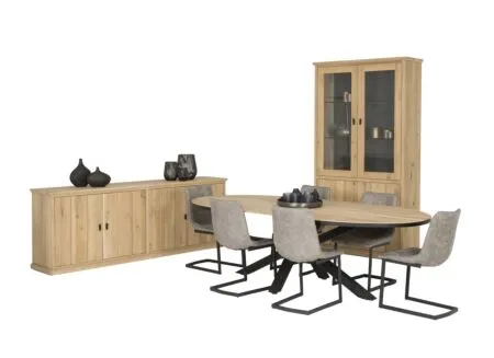 Eetkamer Grimaldi eik massief, met 4 stoelen Cloud - tafel 250x128cm - dressoir 240cm - vitrinekast 120cm