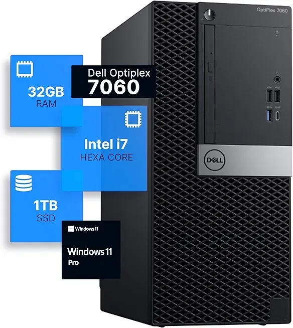 Dell Optiplex 7060 Tower Desktop Computer | Intel i7-8700 (3.4) | 32GB DDR4 RAM | 1TB SSD Solid State | Windows 11 Pro | Internal Wi-Fi 6 PCIe Adapter (Renewed)