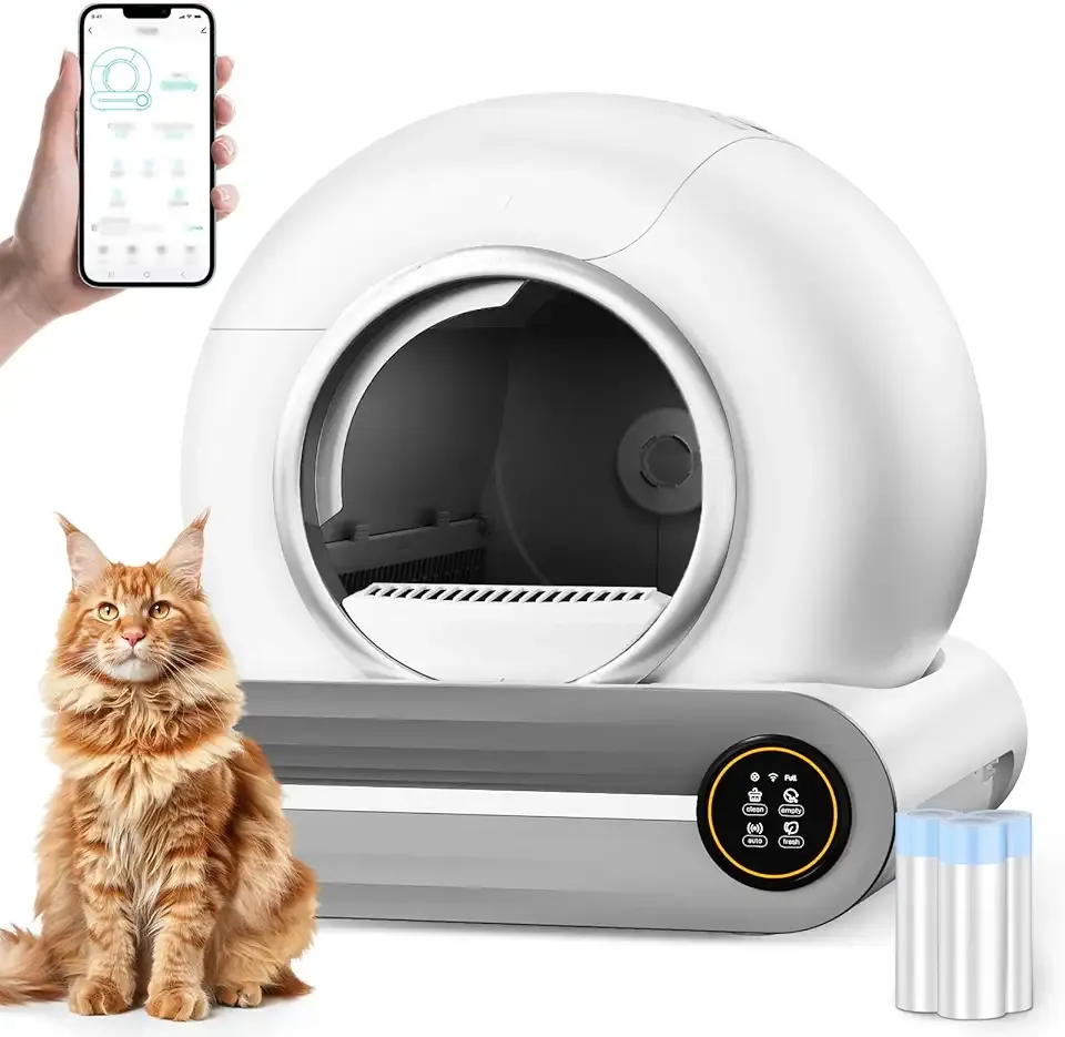 SUW Self Cleaning Litter Box, Automatic Cat Litter Box for Multiple Cats, 65L+9L Robot, 3 Rolls Grabage Bags liner, 1 Odor Eliminator, Negative ion Deodorization, APP Control, Toilet Monitorin, White
