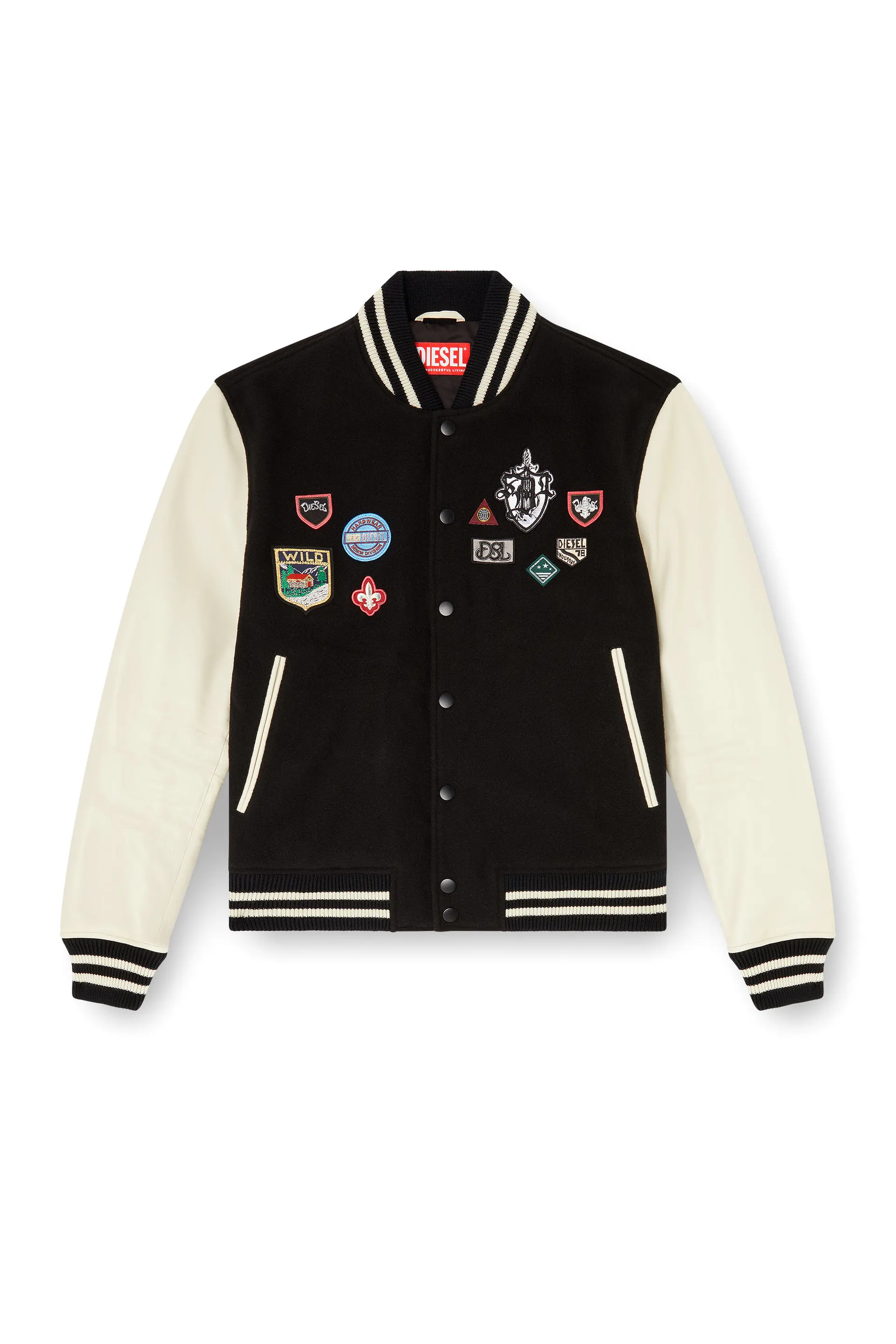 Wool and leather bomber jacket with patches