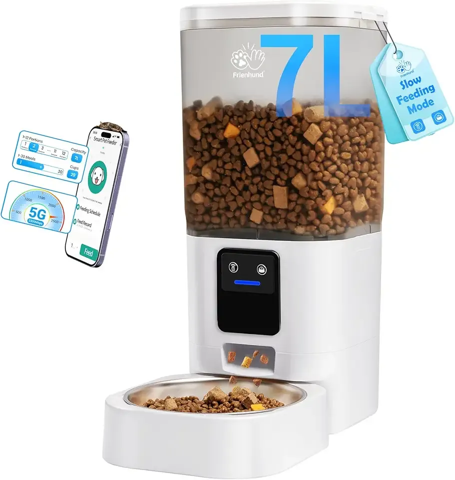 Automatic Cat Feeder with 5G WiFi: Automatic Dog Feeder with Slow Feed & Smart APP Control, 7L Timed Auto Cat Food Dispenser with Alexa for Pets, Detachable for Easy Cleaning - 29 Cups