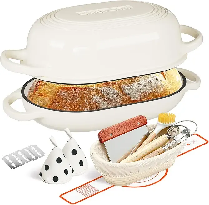 Enameled Cast Iron Dutch Oven for Bread Baking - incl. Sourdough Bread-Baking Supplies like Banneton Bread-Proofing Basket - 5QT Loaf Cast Iron Bread Oven Pan& Meatloaf Pan with Lid, Sour Sough Tools, Lame (Cream White)