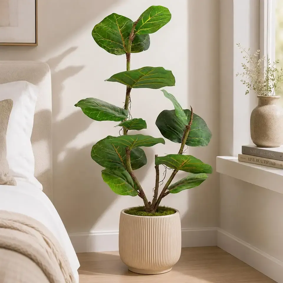 Faux Fiddle Leaf Fig Tree,3 Ft Artificial Ficus Audrey Plant with Realist Aerial Roots, Fake Plants Indoor with Pot for Living Room, House Office, Bedroom Decor