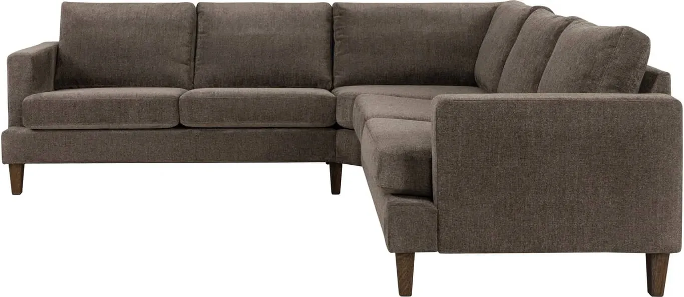 Sone dyp hjørnesofa Modulsofa. 2,5 seter + hjørne + 2,5 seter, armlene W4 i stoff 323 / 14 Mika medium brown. Dun i ryggputer