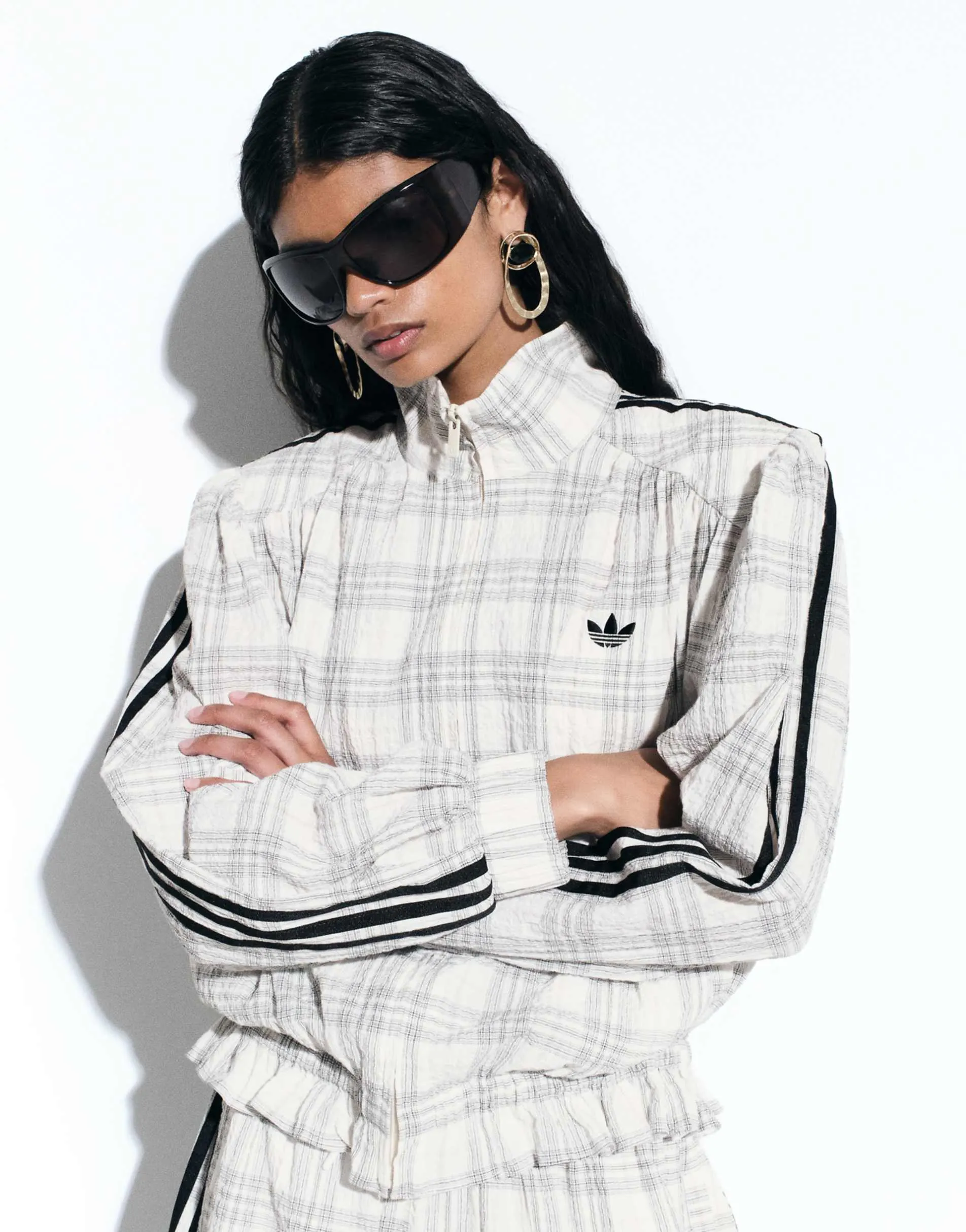 adidas Originals x ASOS track jacket in cream check seersucker with shoulder pads