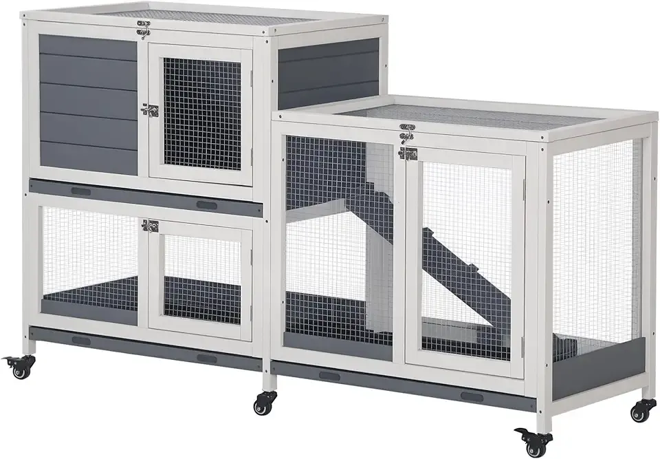 PawHut Wooden Rabbit Hutch Bunny Hutch Elevated Pet House Cage Small Animal Habitat with No Leak Tray Lockable Door Openable Top for Indoor 57.75" x 18" x 32.5" Grey