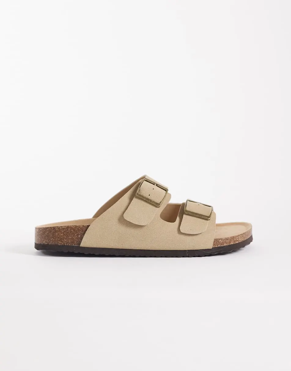 ASOS DESIGN two strap sandals with cork sole in stone