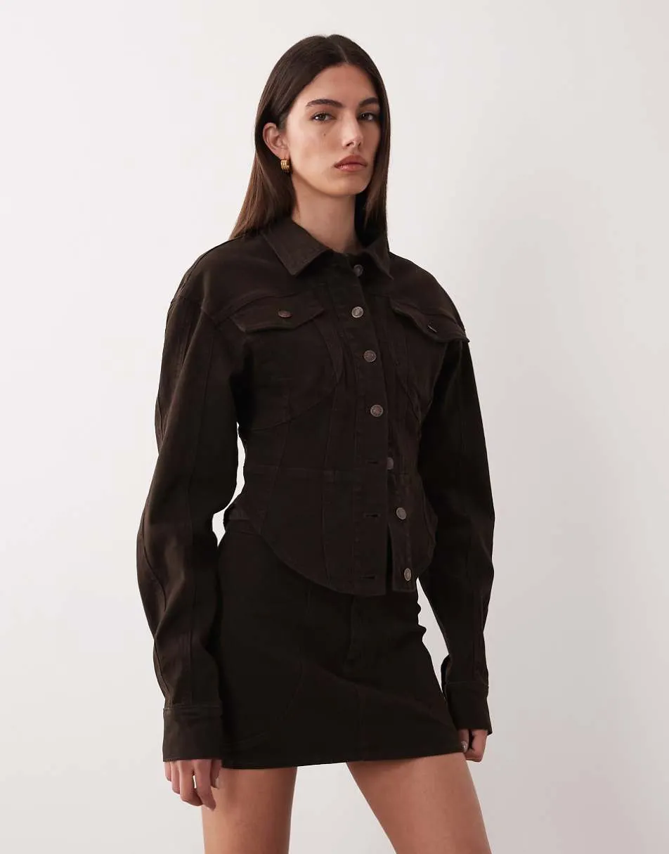 Wanderdoll Alix cinched waist seam detail denim jacket co-ord in mocha