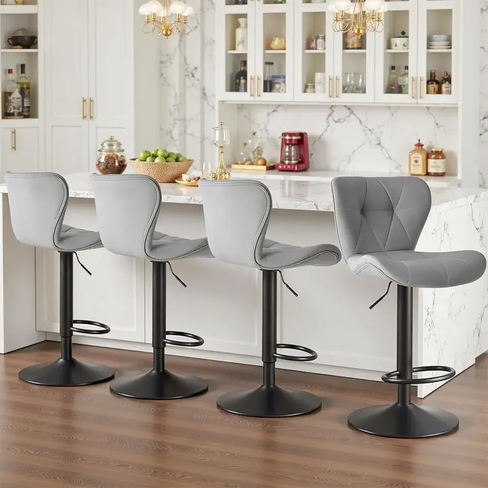 Sweetcrispy Modern Bar Stools Set of 4, Adjustable Faux Leather Upholstered Swivel Bar Stools, Counter Height Bar Chairs with Back for Kitchen Island, Grey