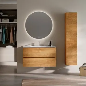 Feel Your Bath, Mueble de Baño PANTER Marrón 100 cm, 2 Cajones, Encimera Cerámica Integrada y Espejo Redondo LED