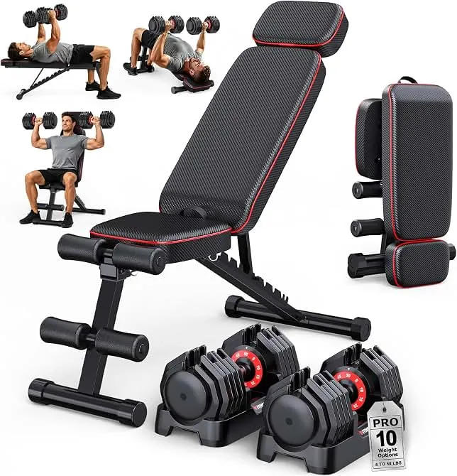 Rendpas Adjustable Dumbbell Set with Workout Bench at Home | 25/55/80LB Pair, 1-Second Quick Adjust, Dual-Lock Safety, Space-Sa…