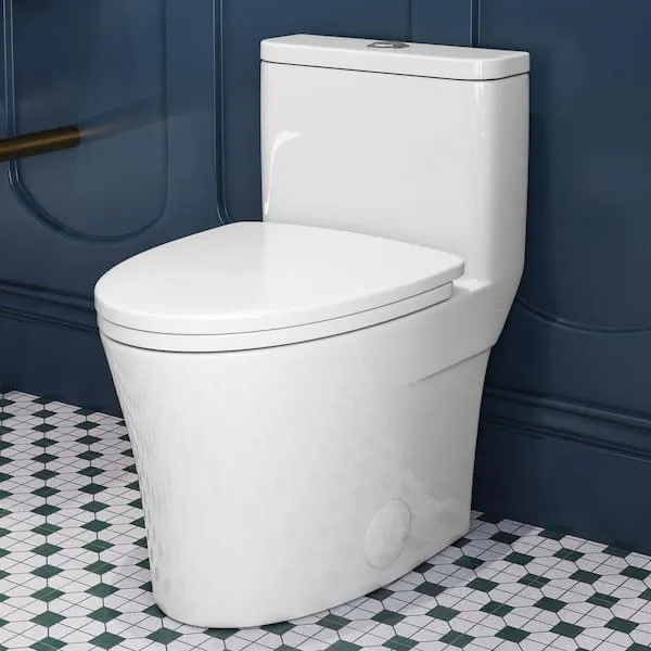 HOROW 1-​Piece 12 in.​ Rough In 1.​1/​1.​6 GPF Dual Flush Elongated Toilet in White with Skirted Trap Way Seat Included