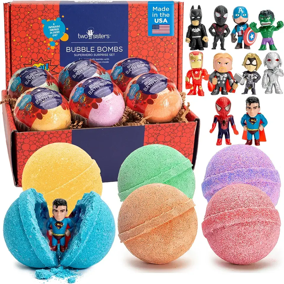 Superhero Bath Bombs for Kids with Surprise Hero Toys Inside, 6 Pack