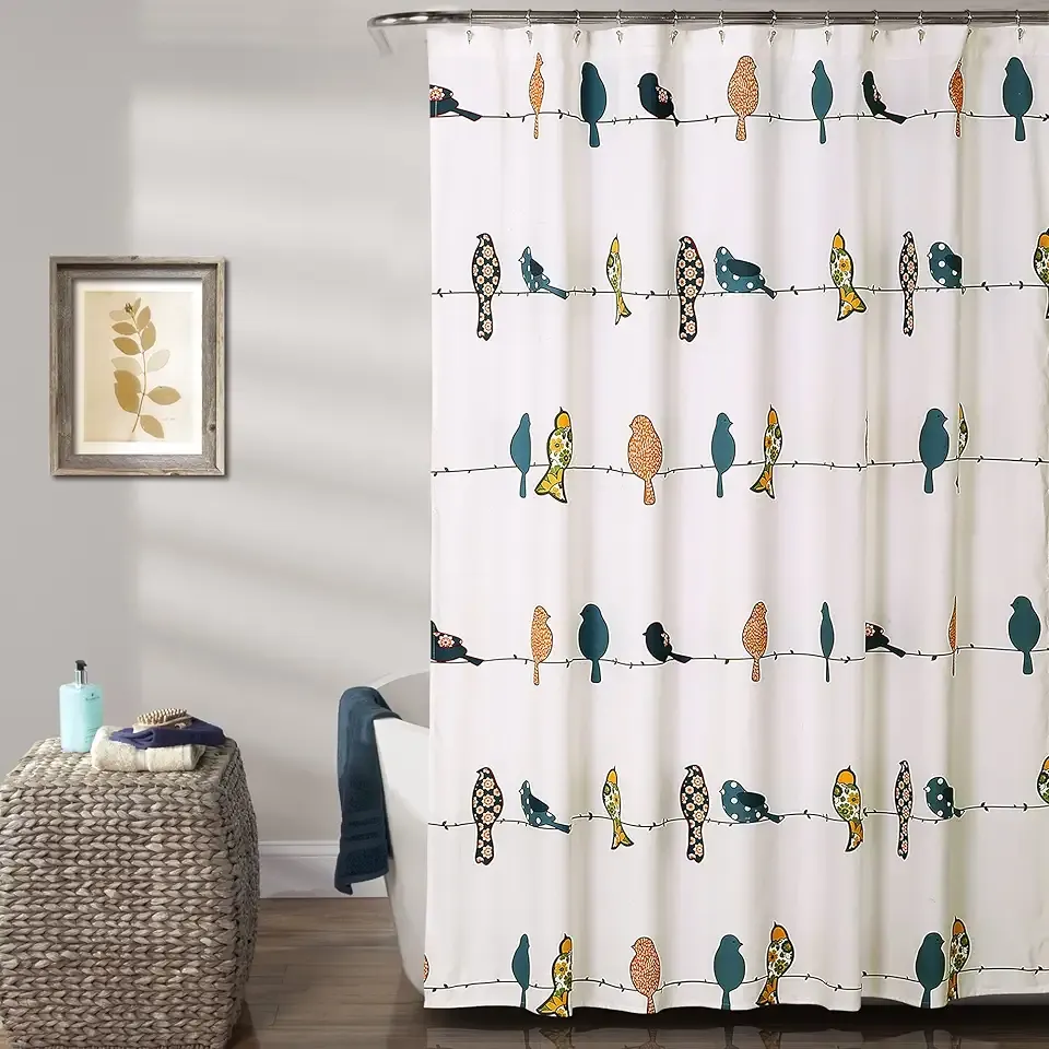 Lush Decor Rowley Birds Shower Curtain, 72” W x 72” L, Multi - Colorful Floral Bird Pattern - Whimsical & Playful Bird Shower Curtain - Farmhouse, Coastal, & Boho Bathroom Decor