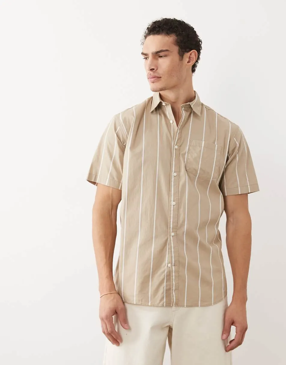 Jack & Jones short sleeve slim shirt in beige stripe