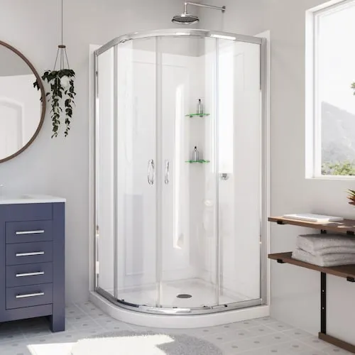 Prime 38 in. D x 38 in. W x 76.75 in. H Neo-Round Corner Shower Kit Enclosure with Wall Surround, Two Glass Shelves, Corner Drain Base & Clear Glass Sliding Door in Chrome