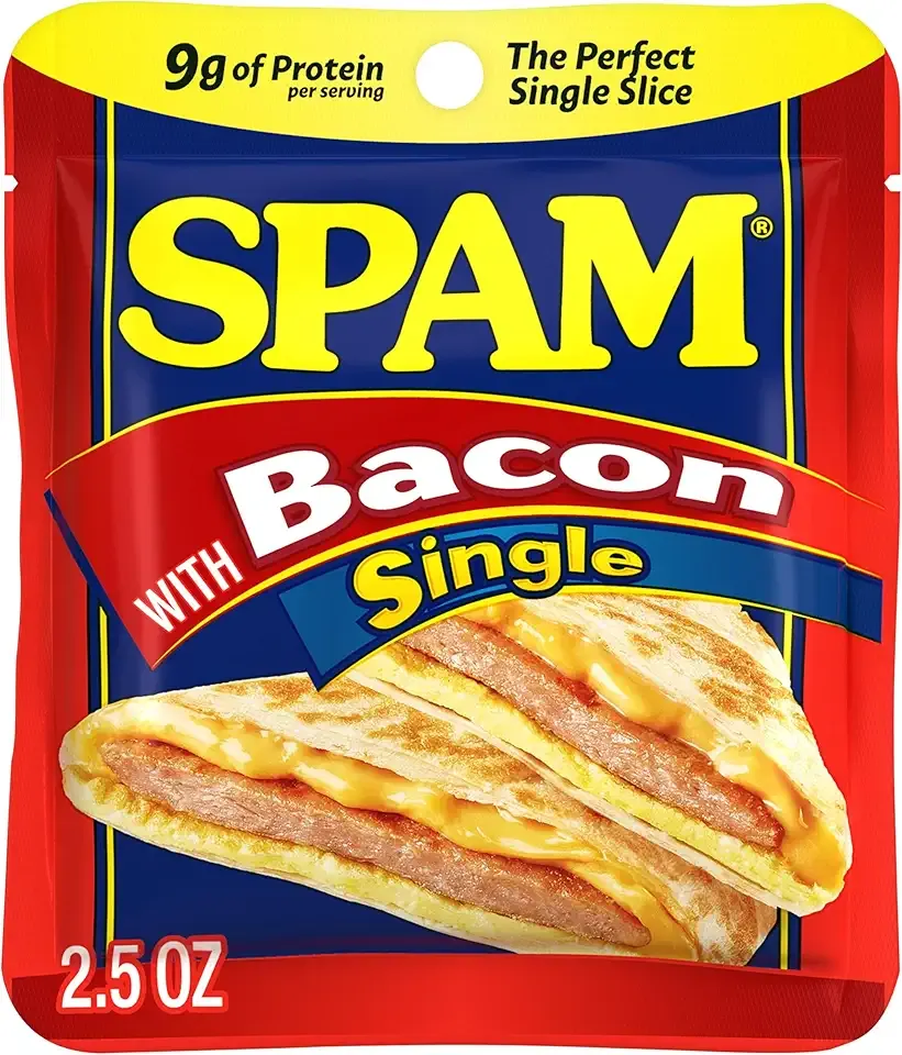 SPAM Single Bacon 2.5oz Individual Pouch (Pack of 12) Fully Cooked Pork and Ham, 9g of Protein, 0g Trans Fat, Low Carb, Keto-Friendly, Gluten Free, Easy Open Pouch, Perfect for Sandwiches & Breakfast