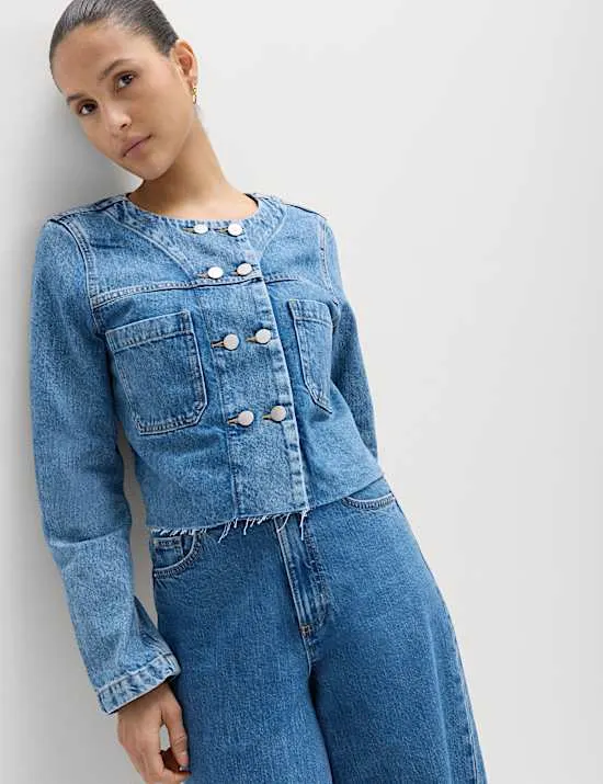 Denim Collarless Double-Breasted Cropped Jacket