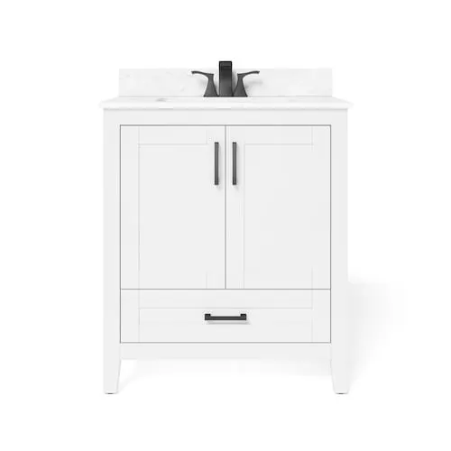 Home Decorators Collection Ellia 30-inch W x 20-inch D 2-Door & 1-Drawer White Wood Bathroom Vanity Single Undermount Sink with Engineered Carrera White Stone Top