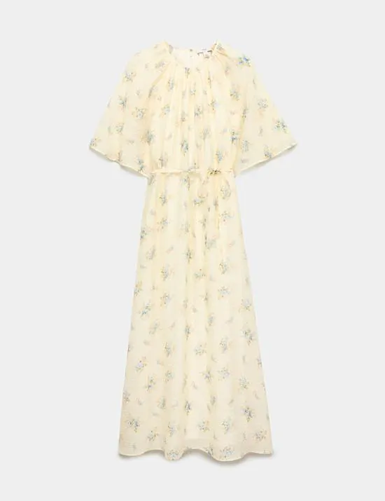 Floral Angel Sleeve Midi Waisted Dress
