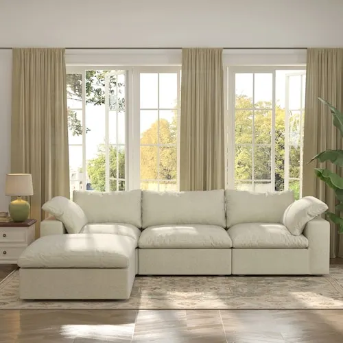 Magic Home 118 in. Square Arm 4-Piece Linen L-shaped Sectional Sofa Cloud Couch in Khaki with Storage Ottoman
