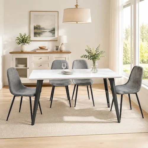 Homy Casa 5-Piece Marble White Dining Set with 4 Grey Fabric Chairs, Metal Legs