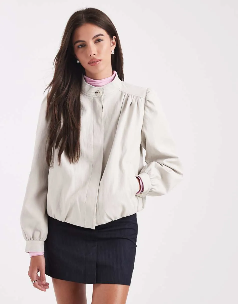 Miss Selfridge faux leather gathered detail jacket in stone