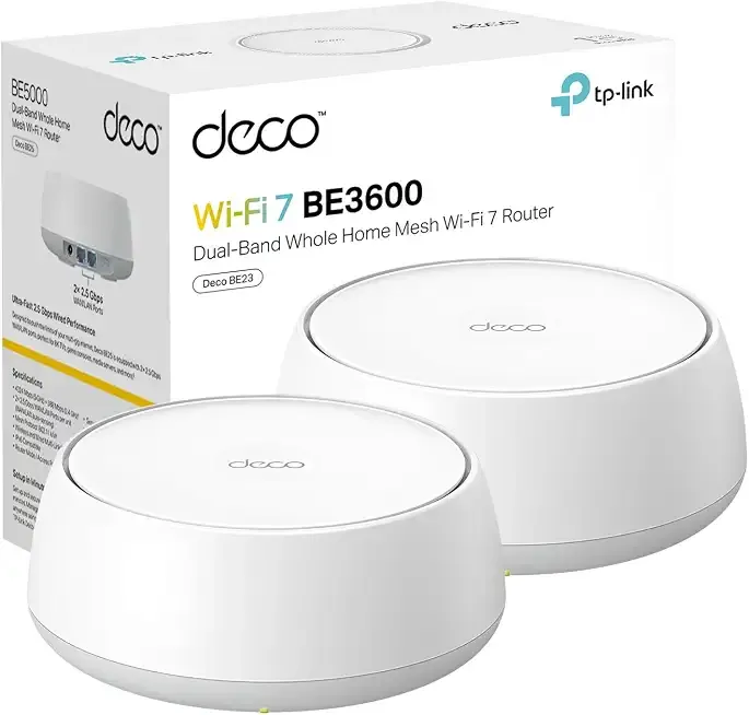 Deco 7 BE23 Dual-Band BE3600 WiFi 7 Mesh Wi-Fi System | 4-Stream 3.6 Gbps, 160 Mhz | Covers up to 4,500 Sq.Ft | 2× 2.5G Ports Wired Backhaul | VPN,MLO,AI-Roaming, HomeShield, 2-Pack