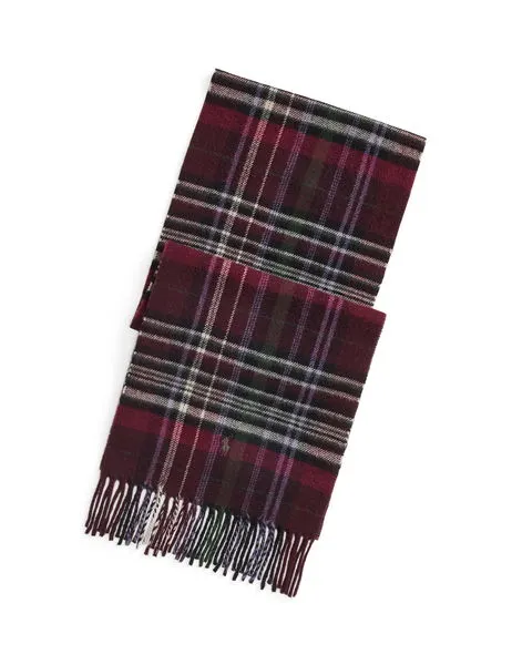 Tartan Fringe Wool Scarf Wine Multi