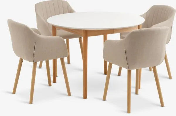 MARSTRAND + ADSLEV MARSTRAND Ø110 tafel wit + 4 ADSLEV stoelen beige