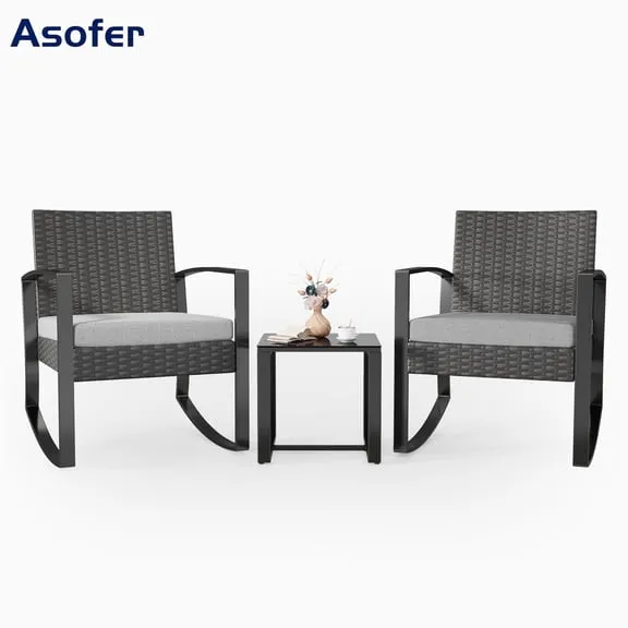 Patio Furniture Set, Rocking Bistro Set Wicker Chair with Coffee Table for Balcony, Backyard, Gray