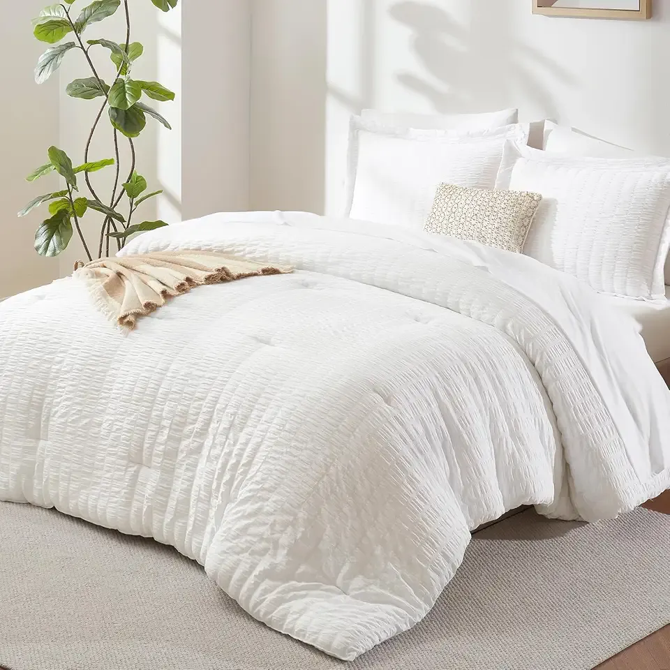 Queen Comforter Set, 7 Pieces White Seersucker Bed in a Bag | OEKO-TEX Certified, All Season Bedding Set with 240 GSM Down Alternative Comforter, Flat & Fitted Sheets, Pillowcases & Shams