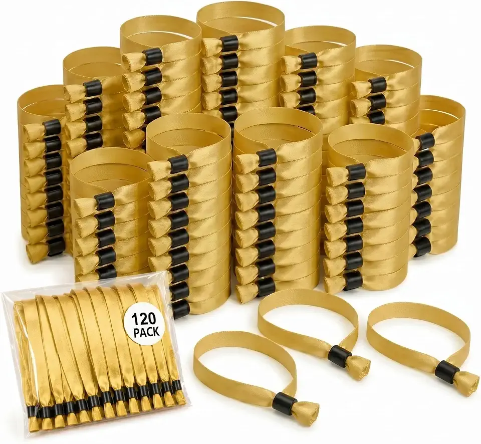 120 Pcs Cloth Wristbands for Events(Gold), 13.78" VIP Event Wristbands | Tamper-proof lock, water-resistant, ideal for festivals, nightclubs, parties, schools, water parks, carnivals & crowd control
