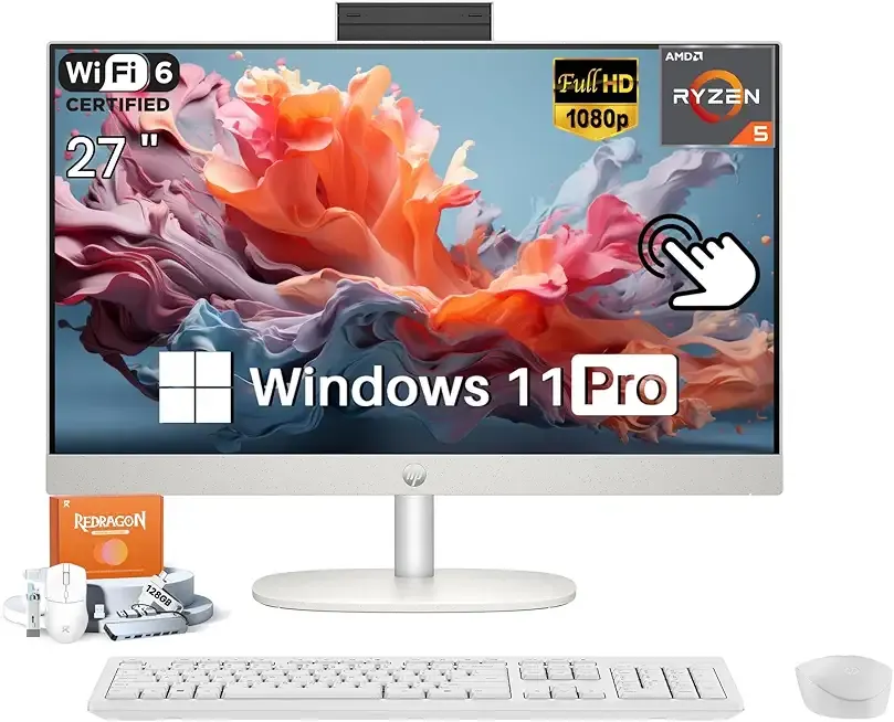 HP 27 Inch All in One Desktop Computer Touchscreen, AMD Ryzen 5 7520U(Max 4.3 GHz), 27” FHD IPS, 16GB RAM, 1TB SSD, WiFi 6, BT 5.3, Business & Home, Wireless KB and Mouse, Win 11 Pro, Accessories