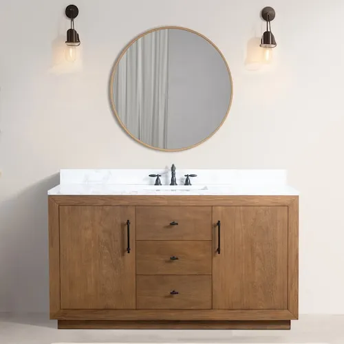 60 inch W Single Sink Freestanding Bathroom Vanity in Tan with Engineered Marble Top