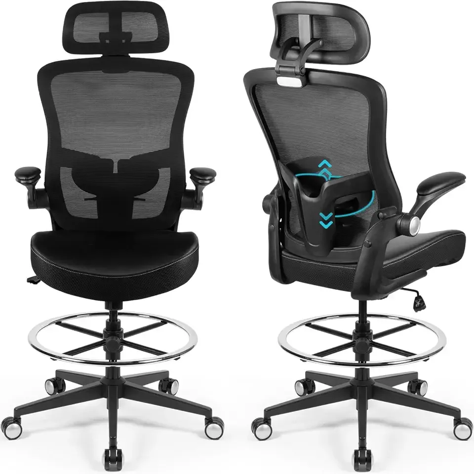 Drafting Chair 400lbs Tall Office Chair Heavy Duty Ergonomic Standing Desk Chair with Adjustable Lumbar Support, Flip-Up Armrests, Footrest Ring and Headrest