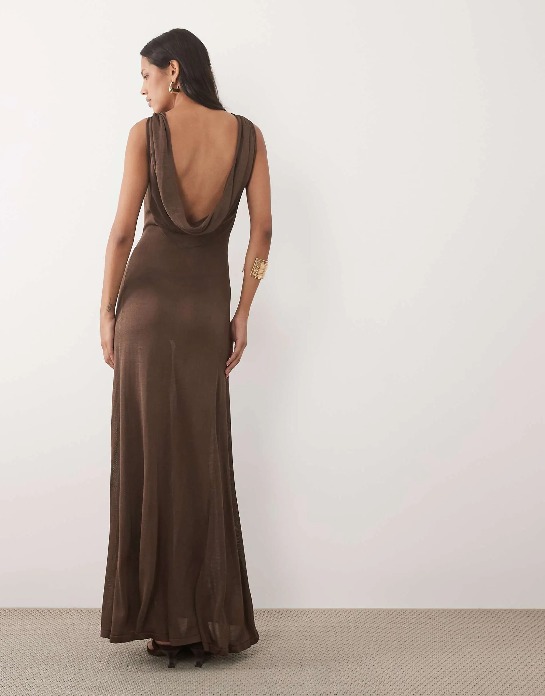 Mango cowl back sheer maxi dress in brown