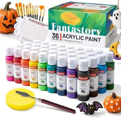 Fantastory 60ml 36 Colors Acrylic Paint Set with 12 Brushes | with 12 Brushes, Chart, Palette, Scraper, Sponge - 3 Metallic, Non-Toxic, Waterproof for Wood, Rock, Canvas, Clay, DIY, 3D Fantastory 60ml 36 Colors Acrylic Paint Set with 12 Bru…