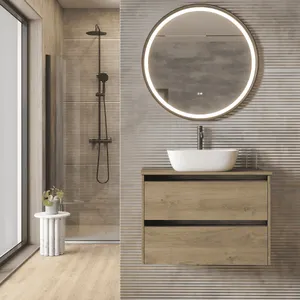 Mueble de Baño Suspendido con Lavabo Sobreponer Cerámico | 2 Cajones Con Tirador | 60 cm Roble Natural Tirador Negro
