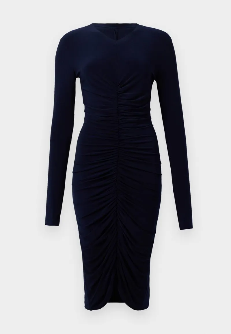 LONG SLEEVE V NECK SHIRRED FRONT DRESS TO KNEE - Jerseykjole - true navy