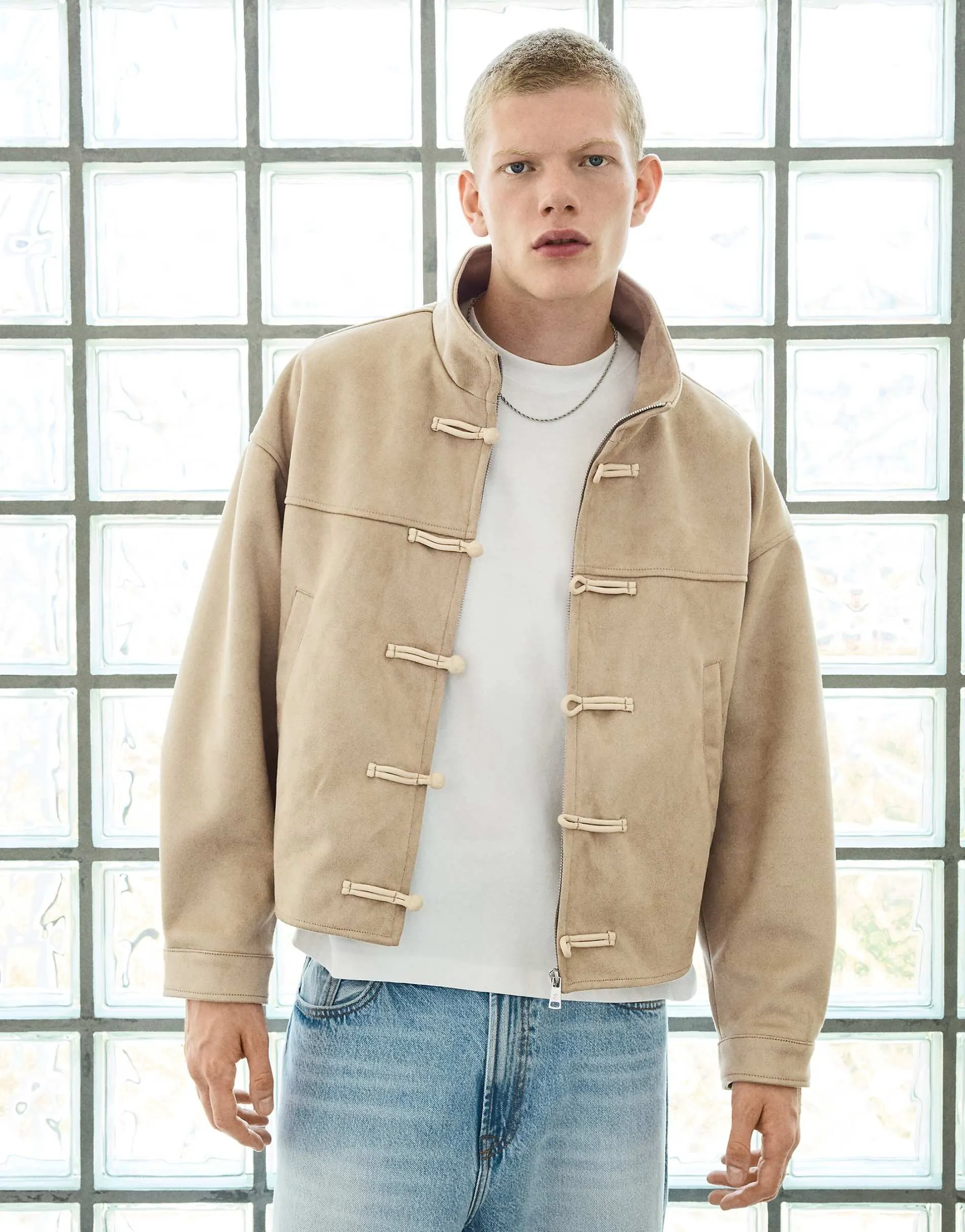 Bershka Faux suede clasp jacket in white