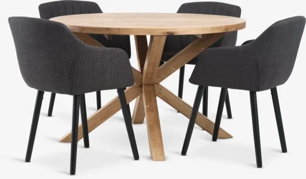 GRIBSKOV Ø120 tafel nature eik + 4 ADSLEV stoelen antraciet
