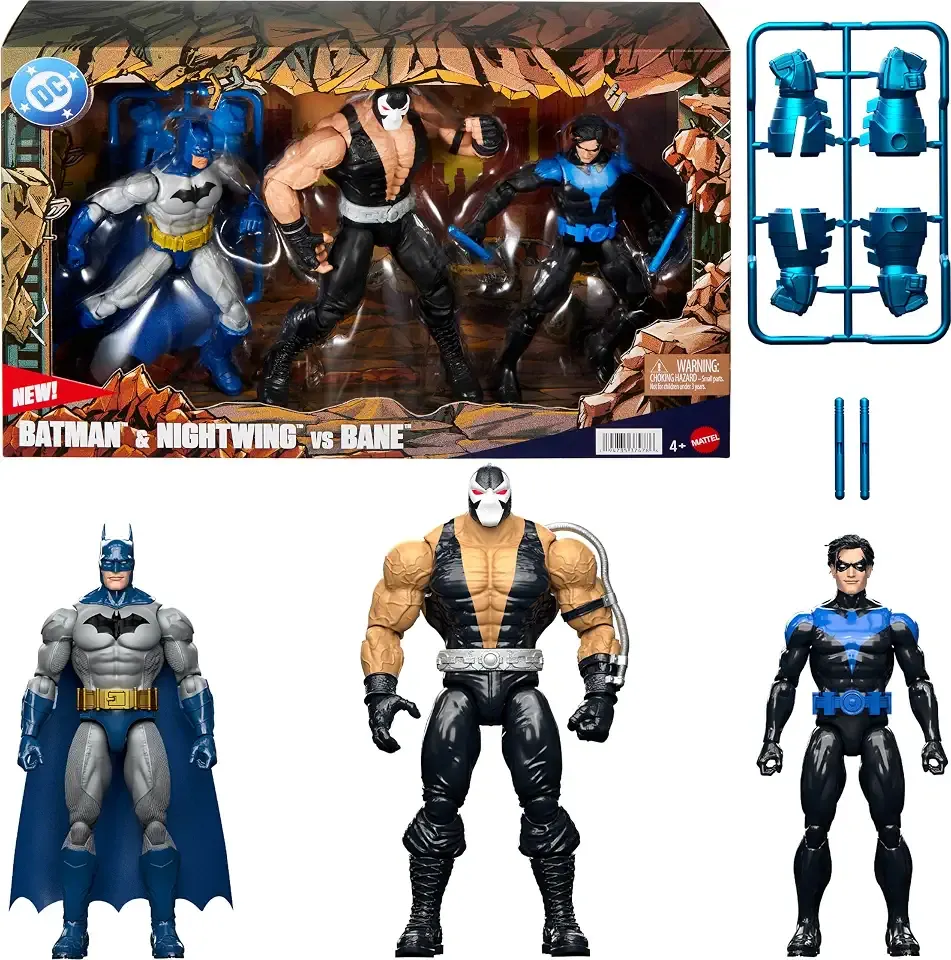 ​Mattel DC Premier Series 3-Pack, 6.5in Batman & Nightwing Vs Bane | Set with 3 Action Figures & Batons & Oversized Gauntlets, Super Heroes and Super-Villain Play (Amazon Exclusive)