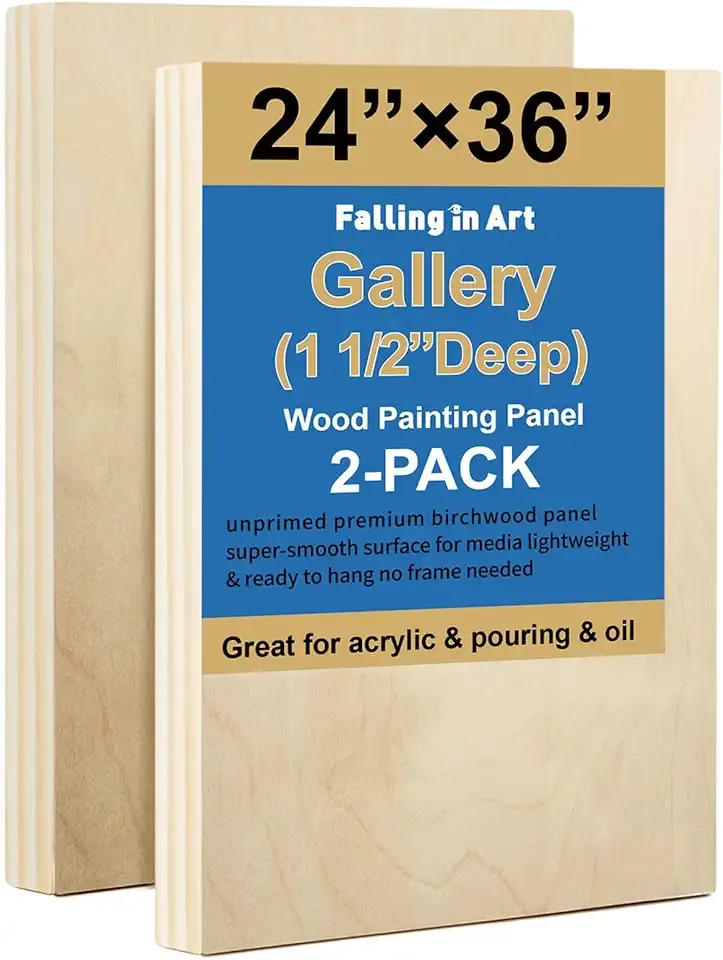 Falling in Art 2 Pack Unfinished Wooden Canvas Panels, 24x36 Gallery Birch Wood Panels Kit, 1 1/2" Deep Art Cradle Boards for Acrylic Painting, Pouring and Burning