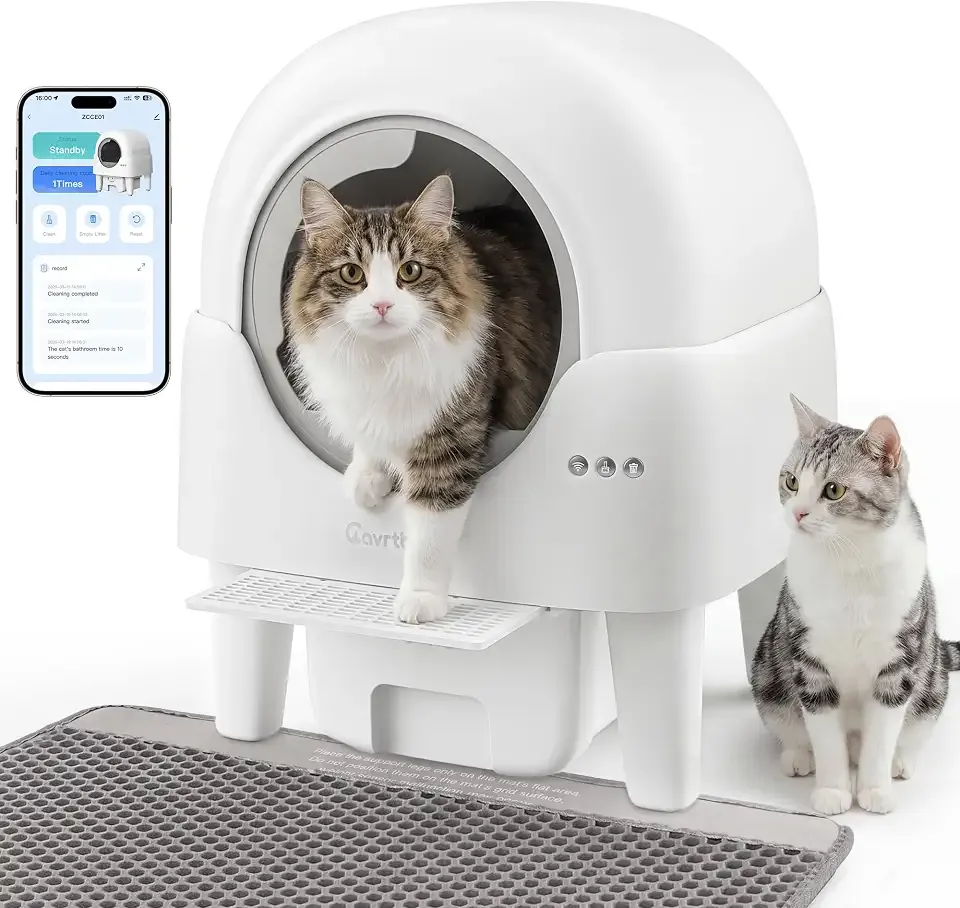 Automatic Litter Box, Self Cleaning Litter Box with APP Control, Large Capacity Cat Robot for Multiple Cats, 5 Safety Sensors, 3-Minute Assembly, with Trash Bags, Litter Mat, Cat Step