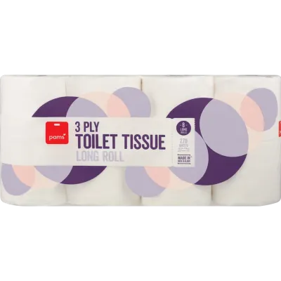 Pams 3 Ply White Long Roll Toilet Tissues