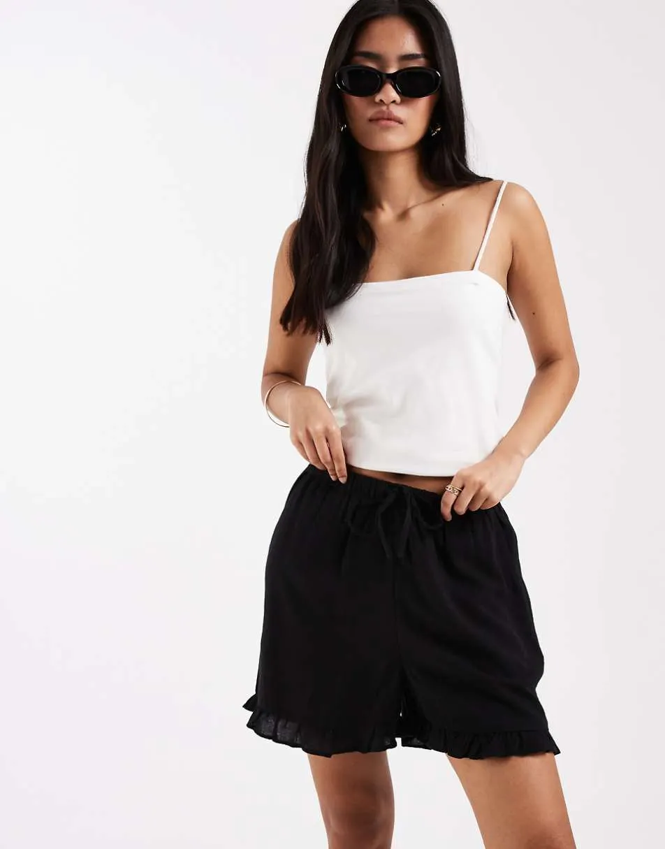 New Look ruffle linen blend pull on shorts in black