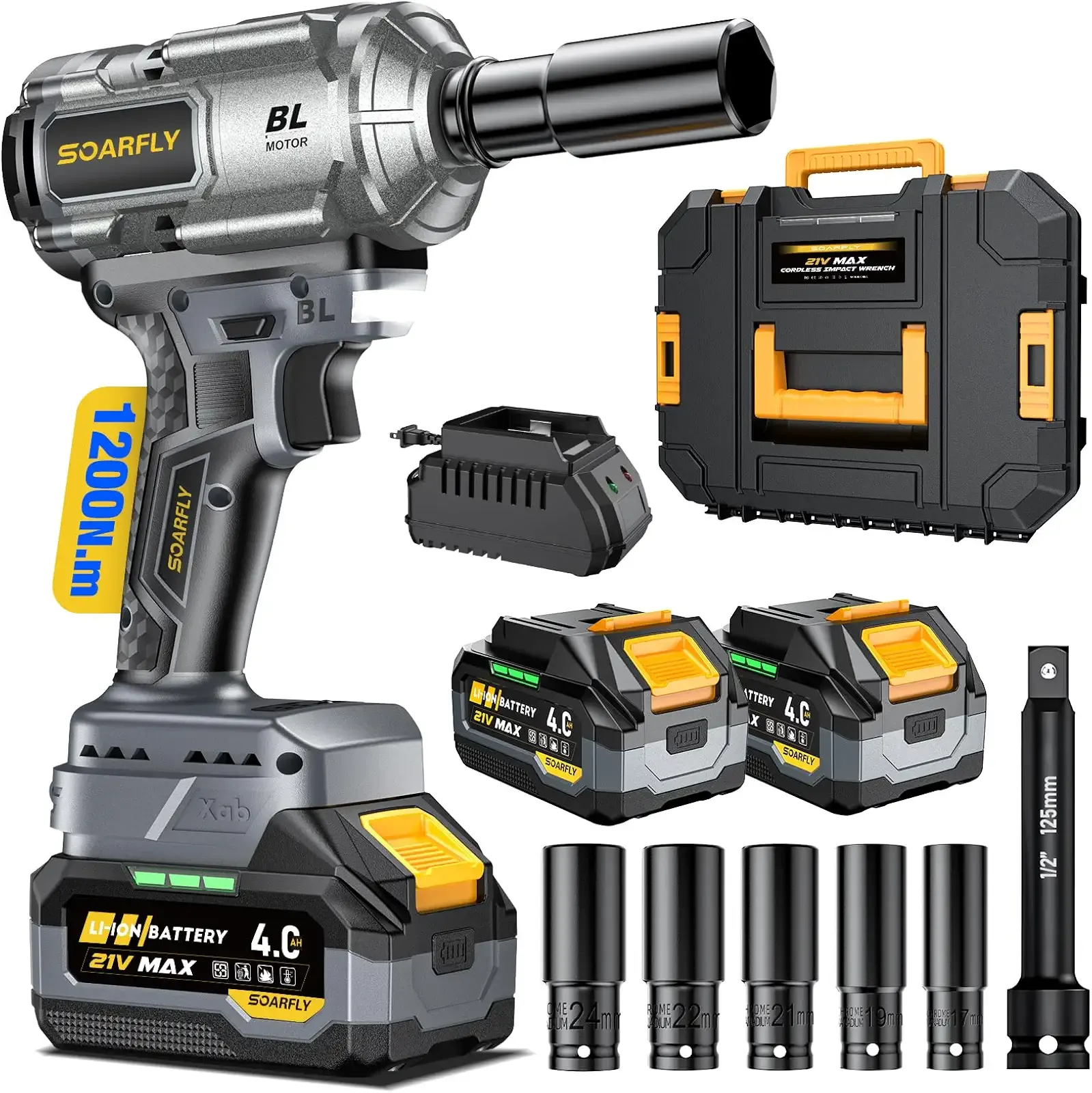 SOARFLY Cordless Impact Wrench 1/2", 900 Ft-Lbs(1200N.m), 2x4.0Ah Batteries | 21V Brushless High Torque Impact Gun, 3-Speed Control, 5 Sockets for Car Tires, Trucks, Stubborn Lug Nuts, Heavy-Duty Repairs